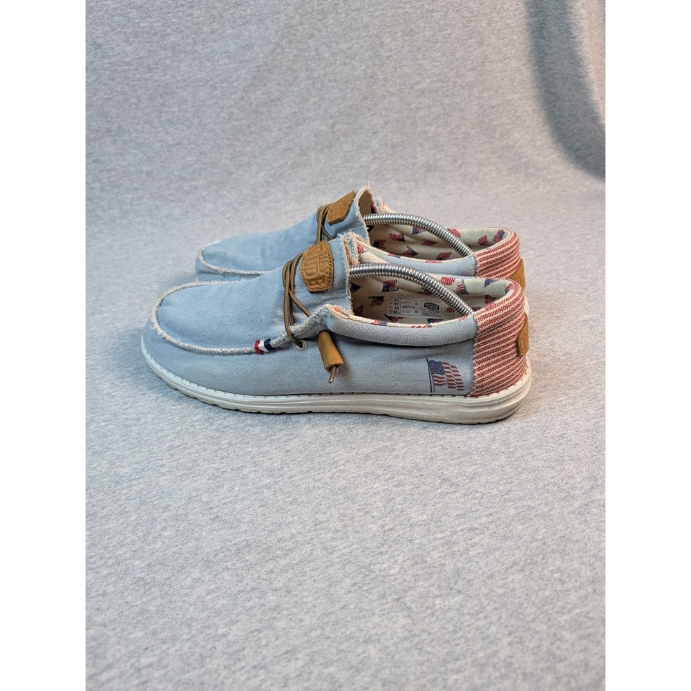 HEYDUDE Wally Americana Denim Stripe Mens 12 Flag Loafers Slip On Shoes - Picture 3 of 7